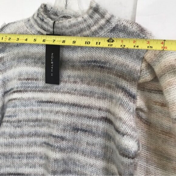 HALSTON NEW Puff Sleeve Sweater Chunky Knit Striped Mock Neck Cozy Wool Blend S - Picture 10 of 12